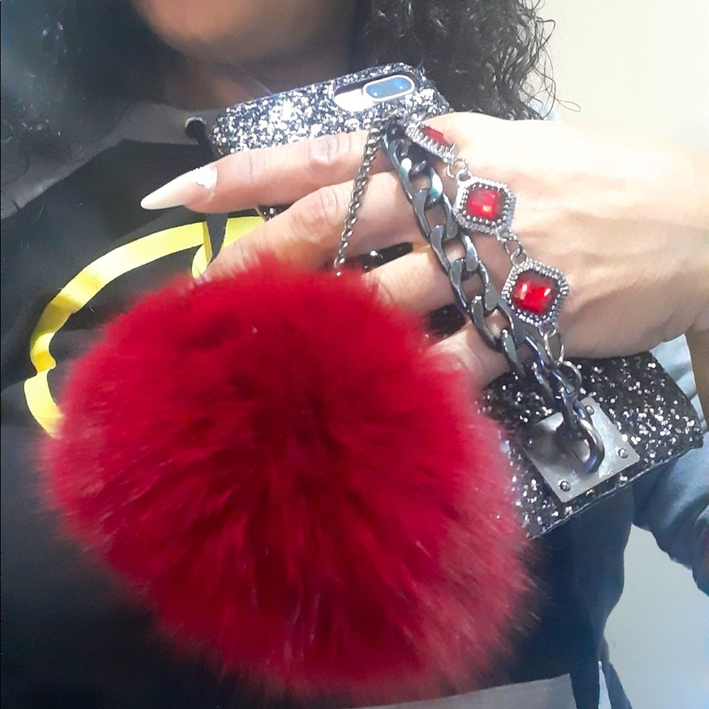 iPhone Case w/rhinestone/chain strap & pompom